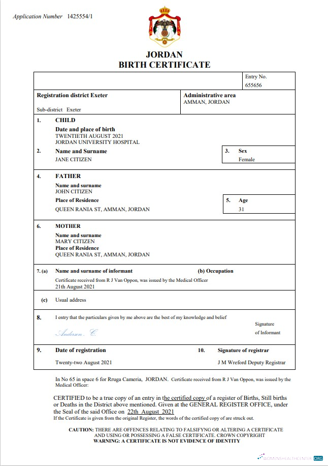 Download Jordan birth certificate Word and PDF template Photoshop template